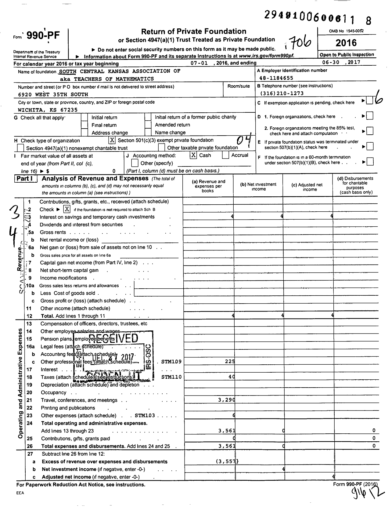 Image of first page of 2016 Form 990PF for South Central Kansas Association of