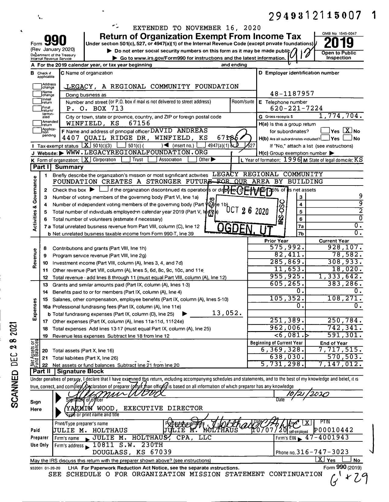 Image of first page of 2019 Form 990 for Legacy A Regional Community Foundation