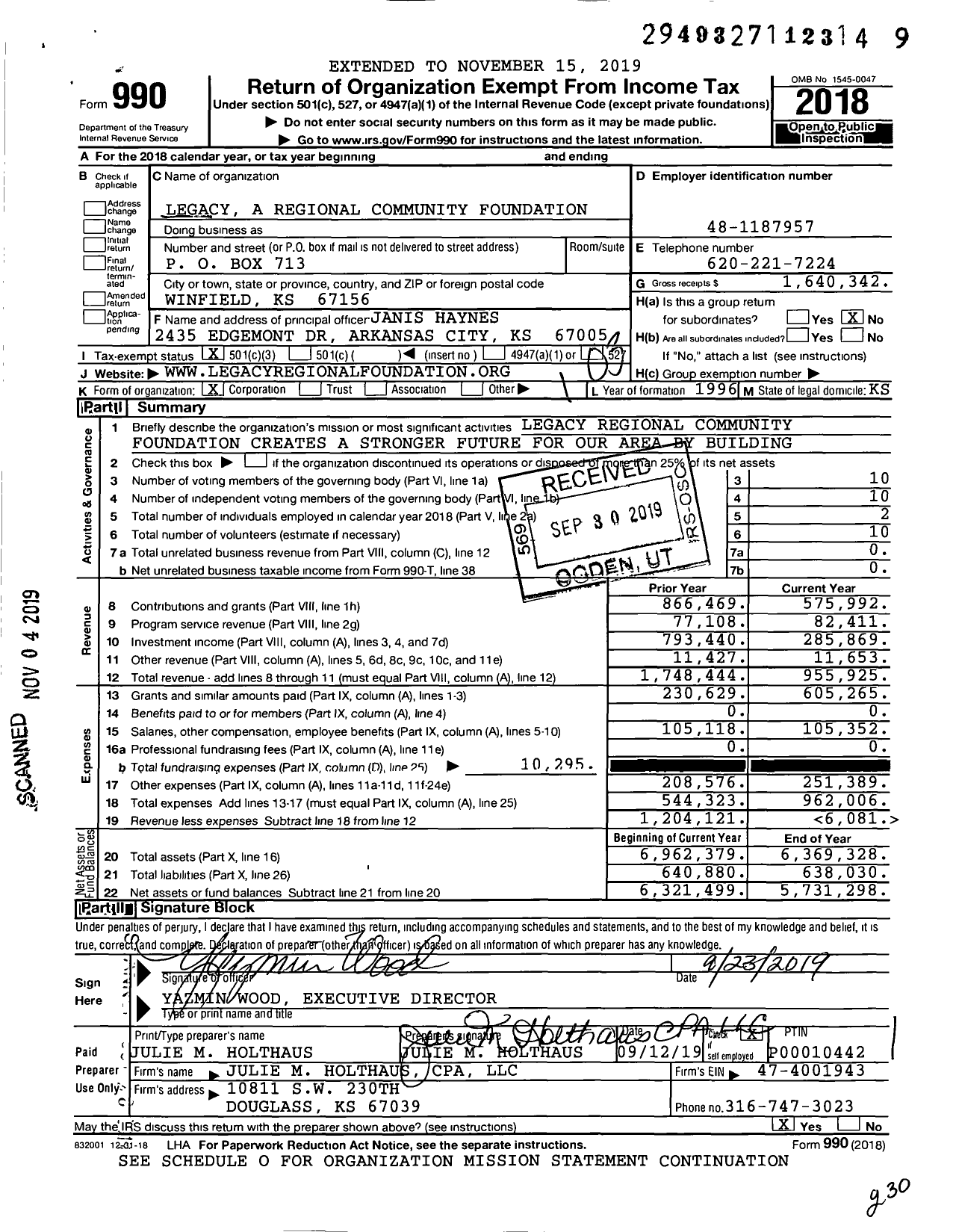 Image of first page of 2018 Form 990 for Legacy A Regional Community Foundation