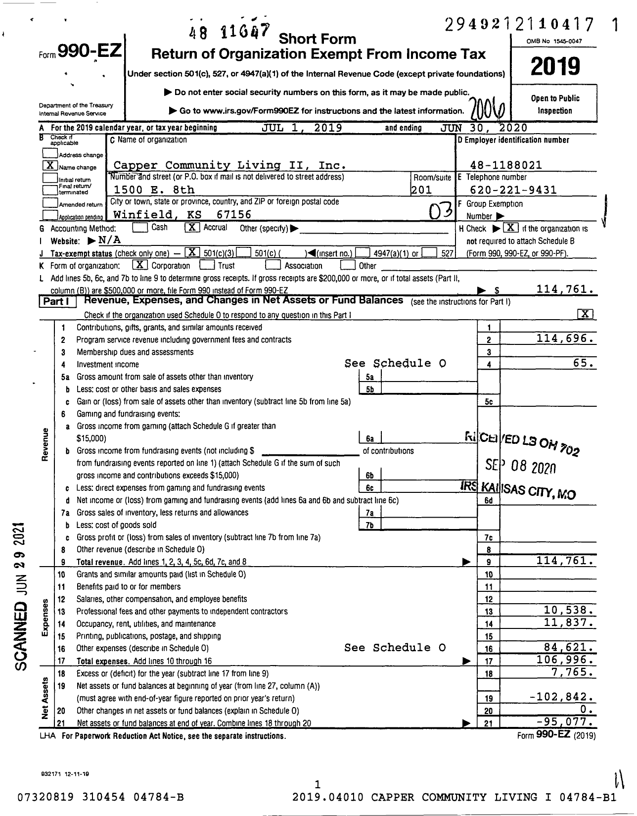 Image of first page of 2019 Form 990EZ for Capper Community Living II