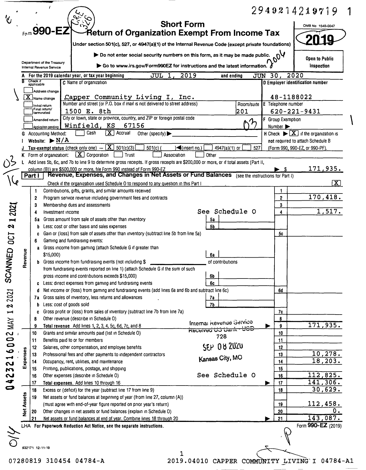 Image of first page of 2019 Form 990EZ for Capper Community Living I