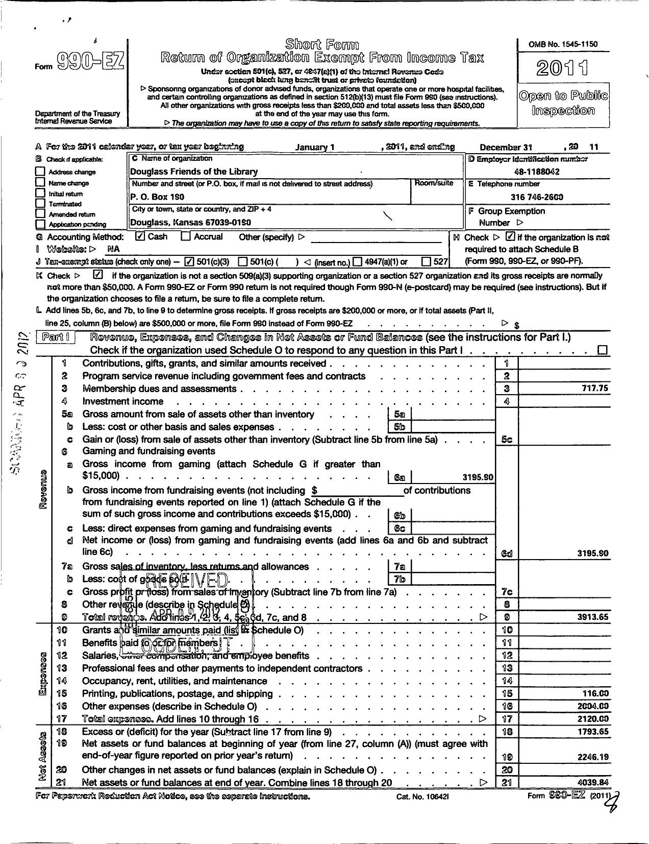 Image of first page of 2011 Form 990EZ for Douglass Friends of the Library