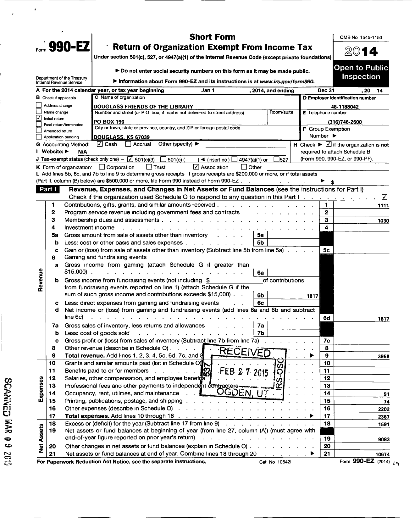 Image of first page of 2014 Form 990EZ for Douglass Friends of the Library