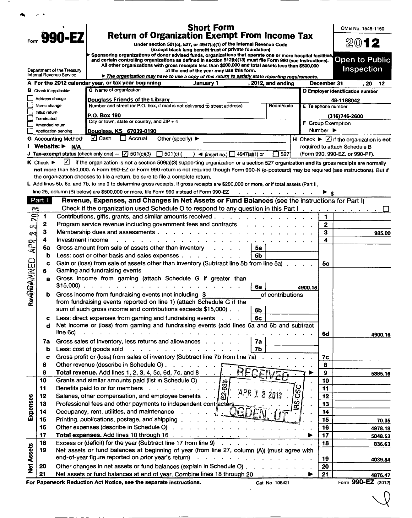 Image of first page of 2012 Form 990EZ for Douglass Friends of the Library