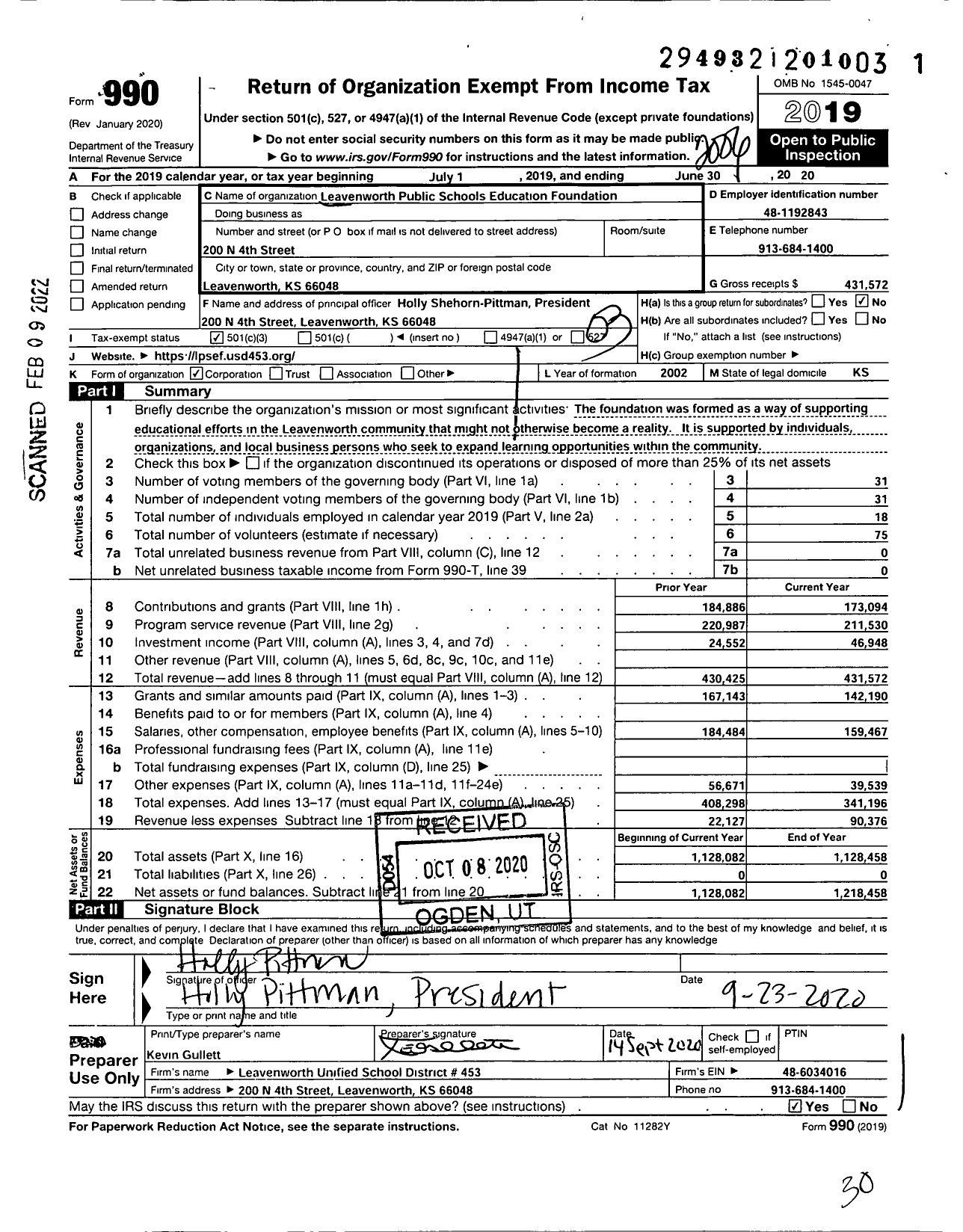 Image of first page of 2019 Form 990 for Leavenworth Public Schools Education Foundation