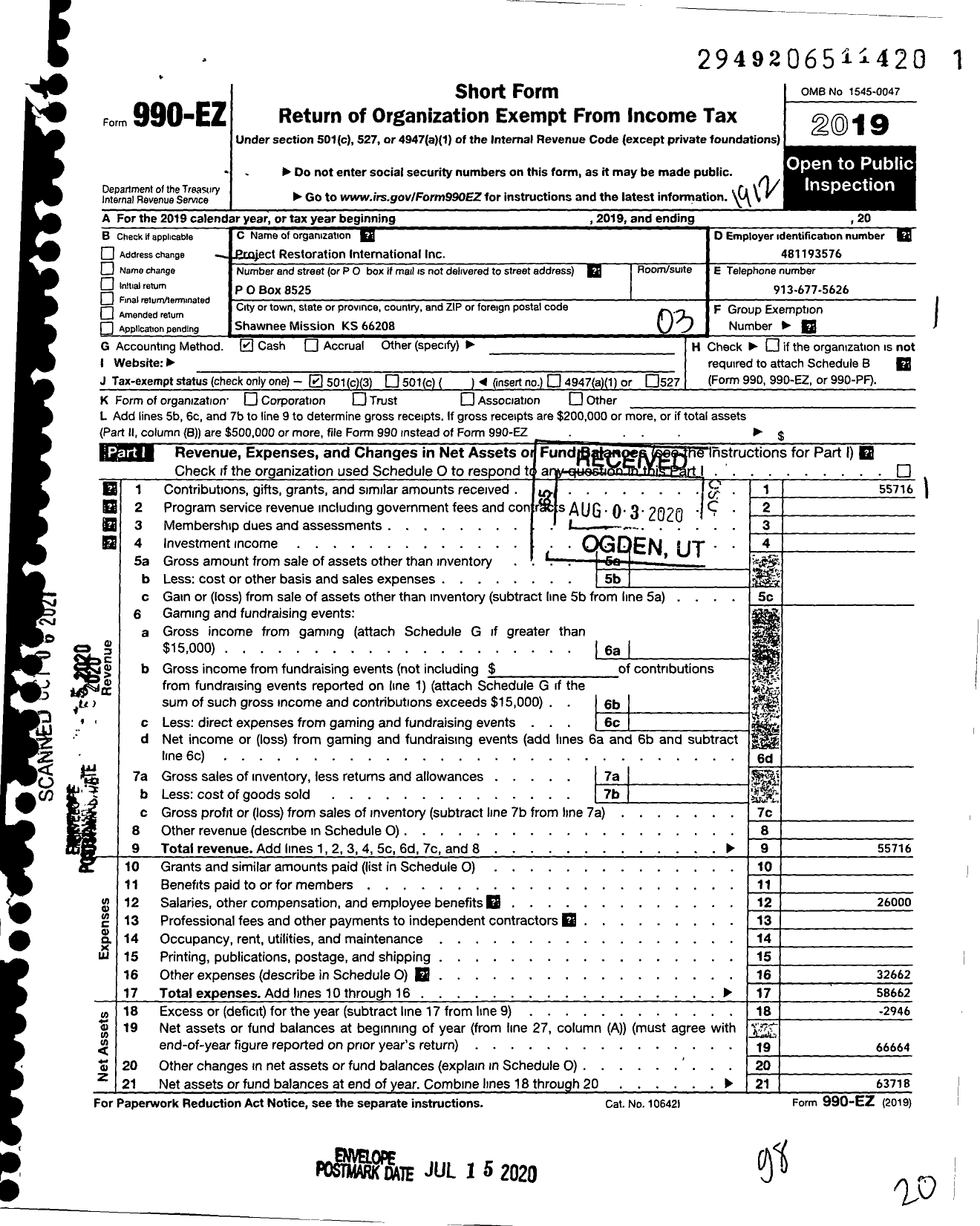 Image of first page of 2019 Form 990EZ for Project Restoration International