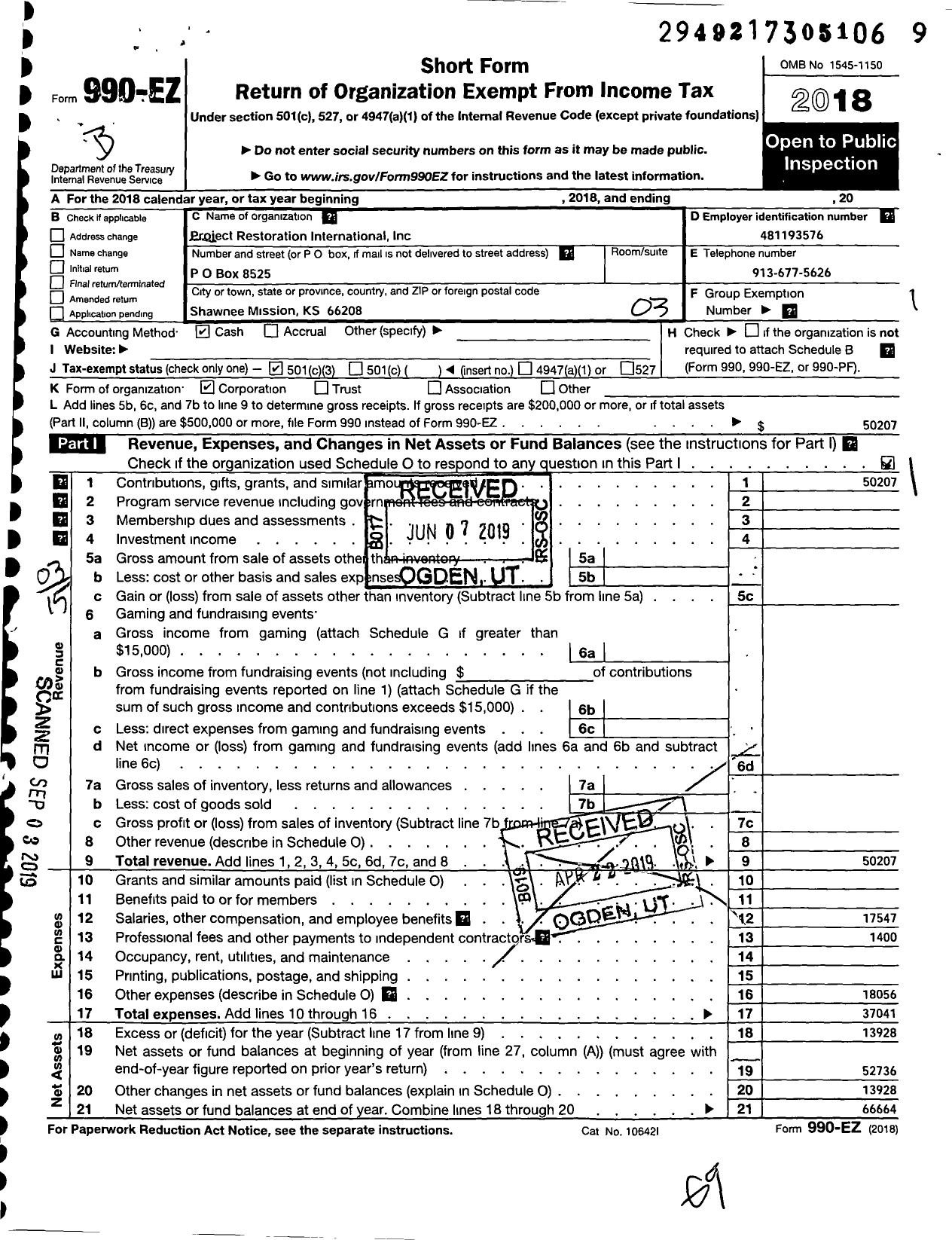 Image of first page of 2018 Form 990EZ for Project Restoration International