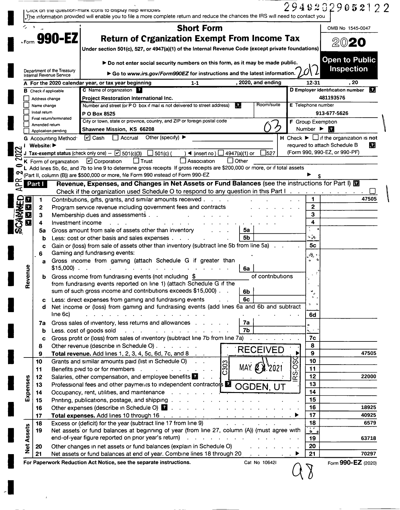 Image of first page of 2020 Form 990EZ for Project Restoration International