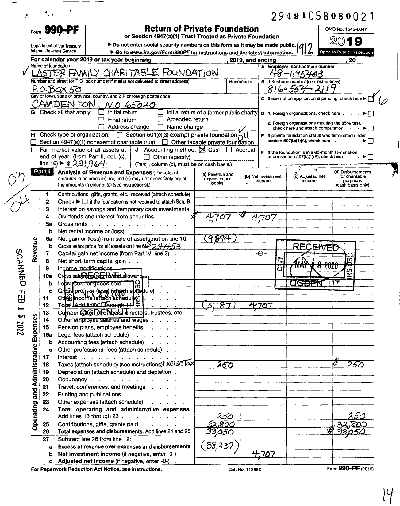 Image of first page of 2019 Form 990PF for Laster Family Charitable Foundation