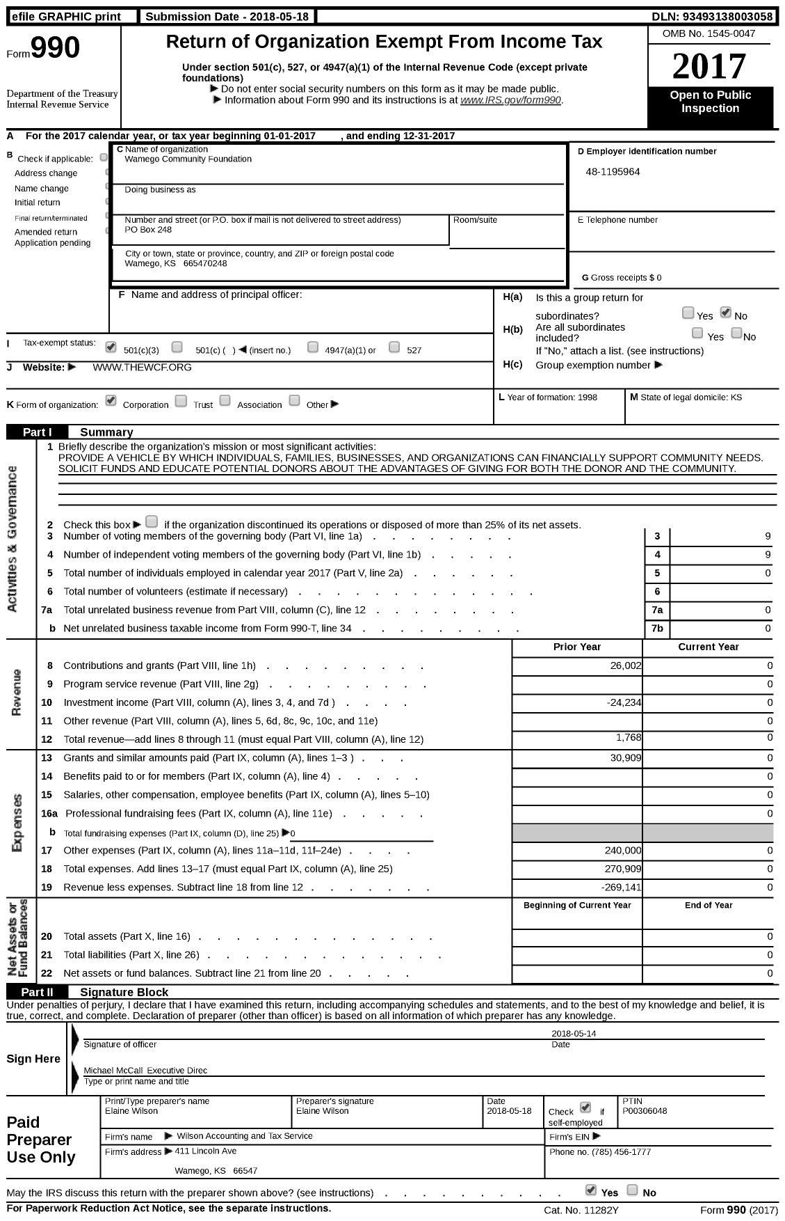 Image of first page of 2017 Form 990 for Wamego Community Foundation