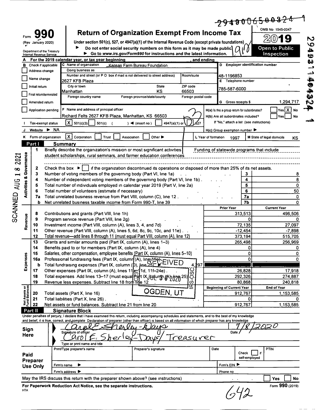 Image of first page of 2019 Form 990 for Kansas Farm Bureau Foundation