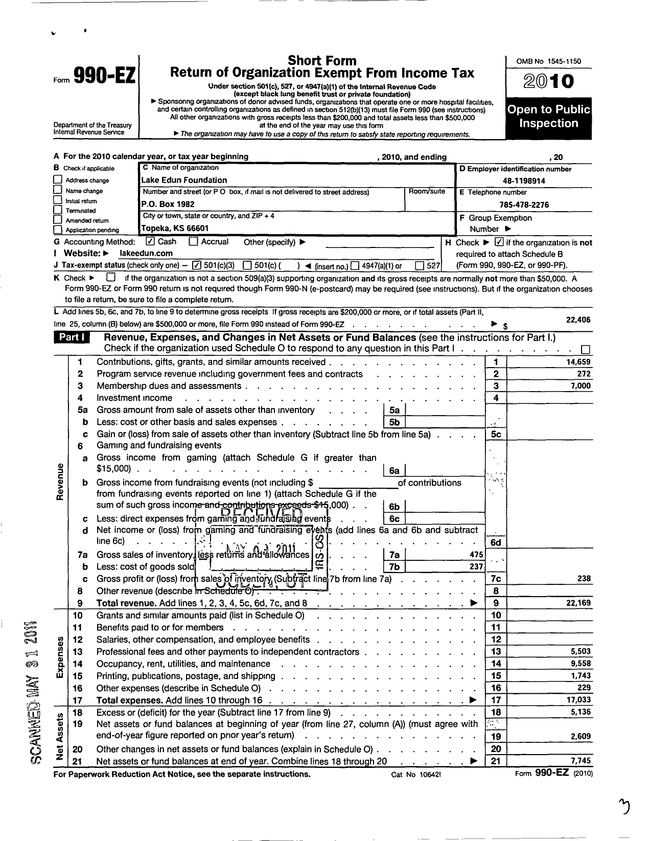 Image of first page of 2010 Form 990EZ for Lake Edun Foundation