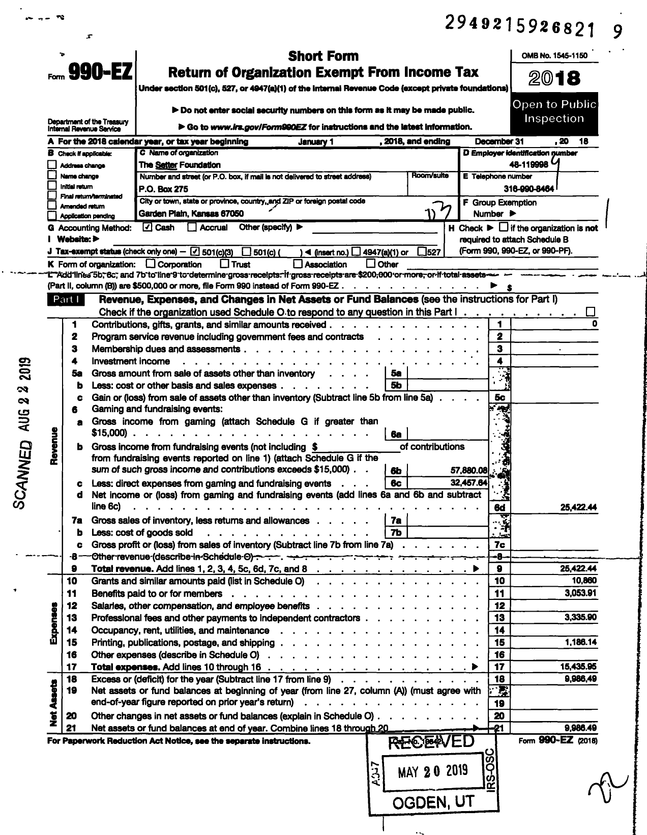 Image of first page of 2018 Form 990EZ for The Setter Foundation