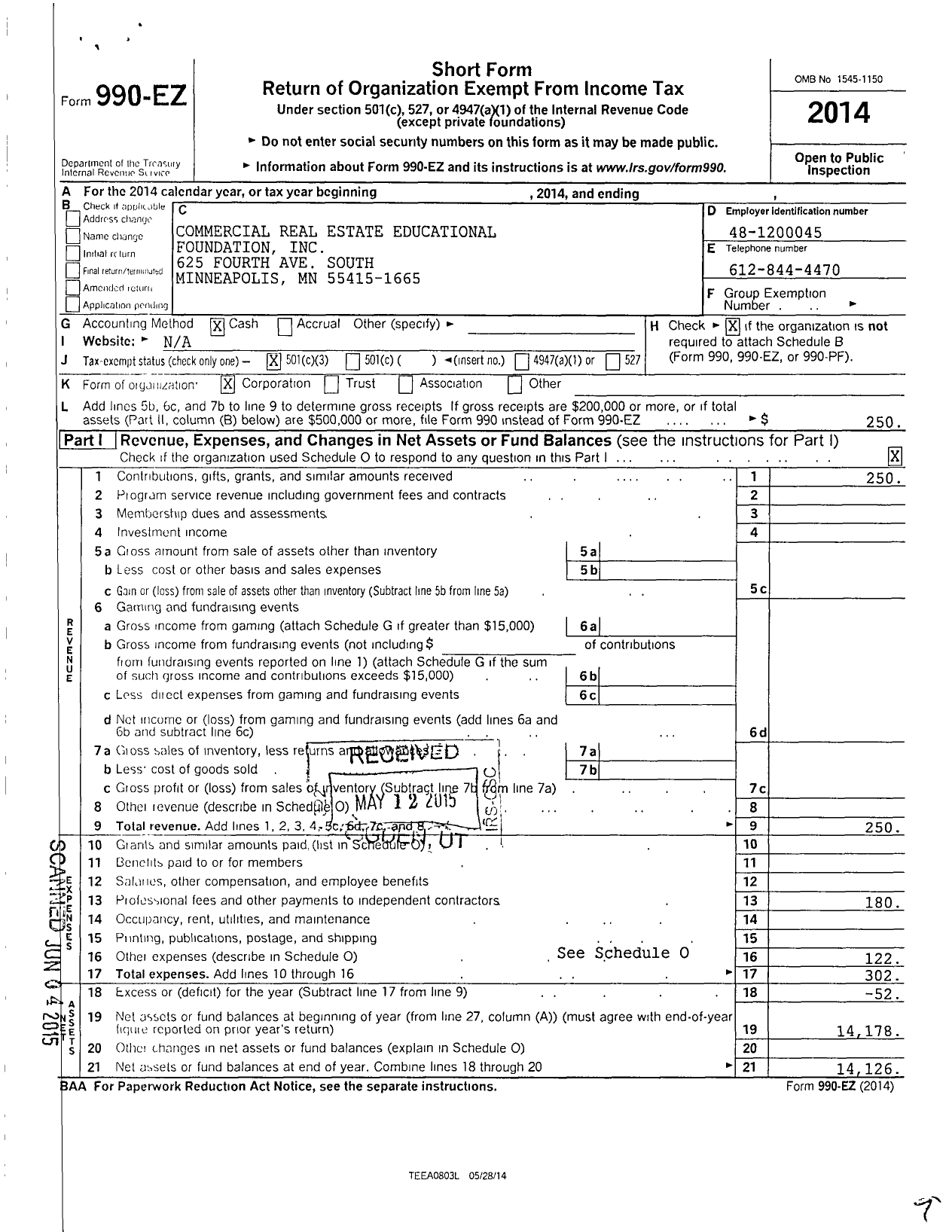 Image of first page of 2014 Form 990EZ for Commerical Real Estate Education Foundation