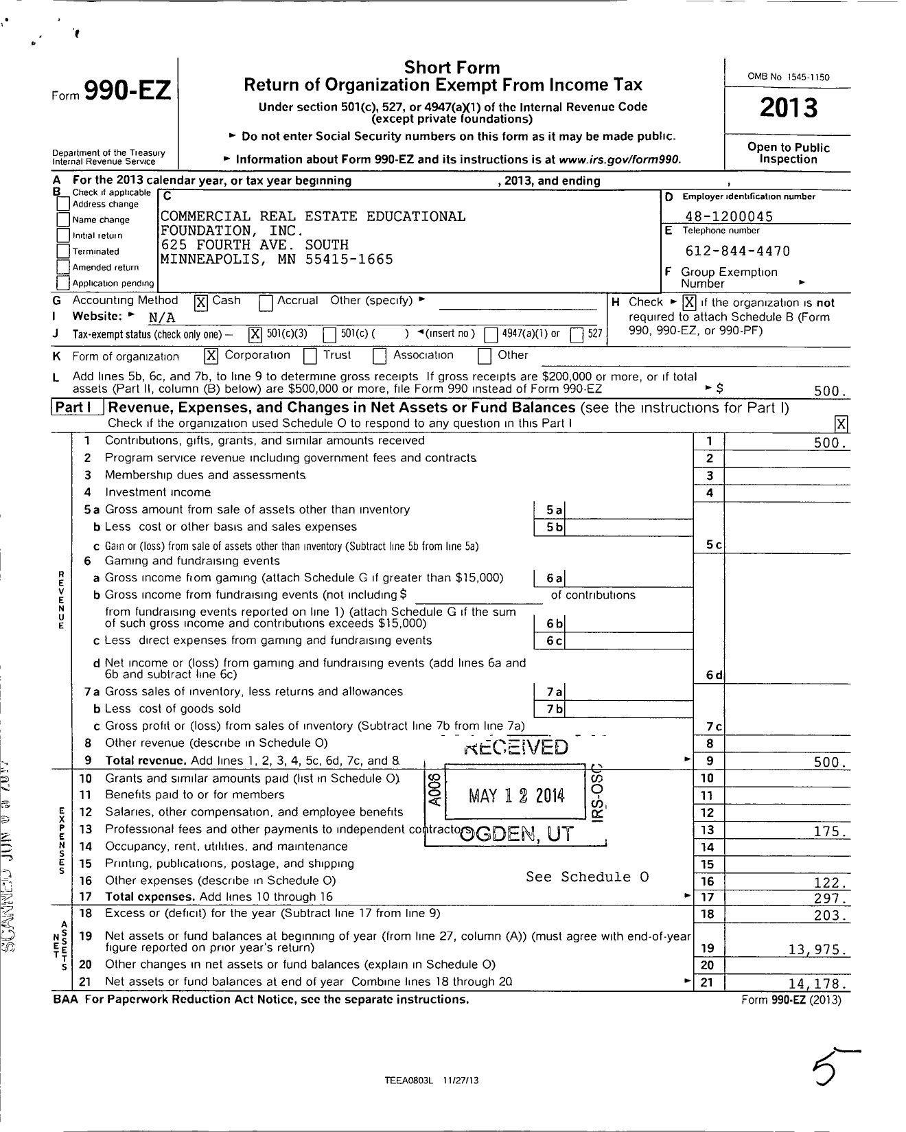 Image of first page of 2013 Form 990EZ for Commerical Real Estate Education Foundation