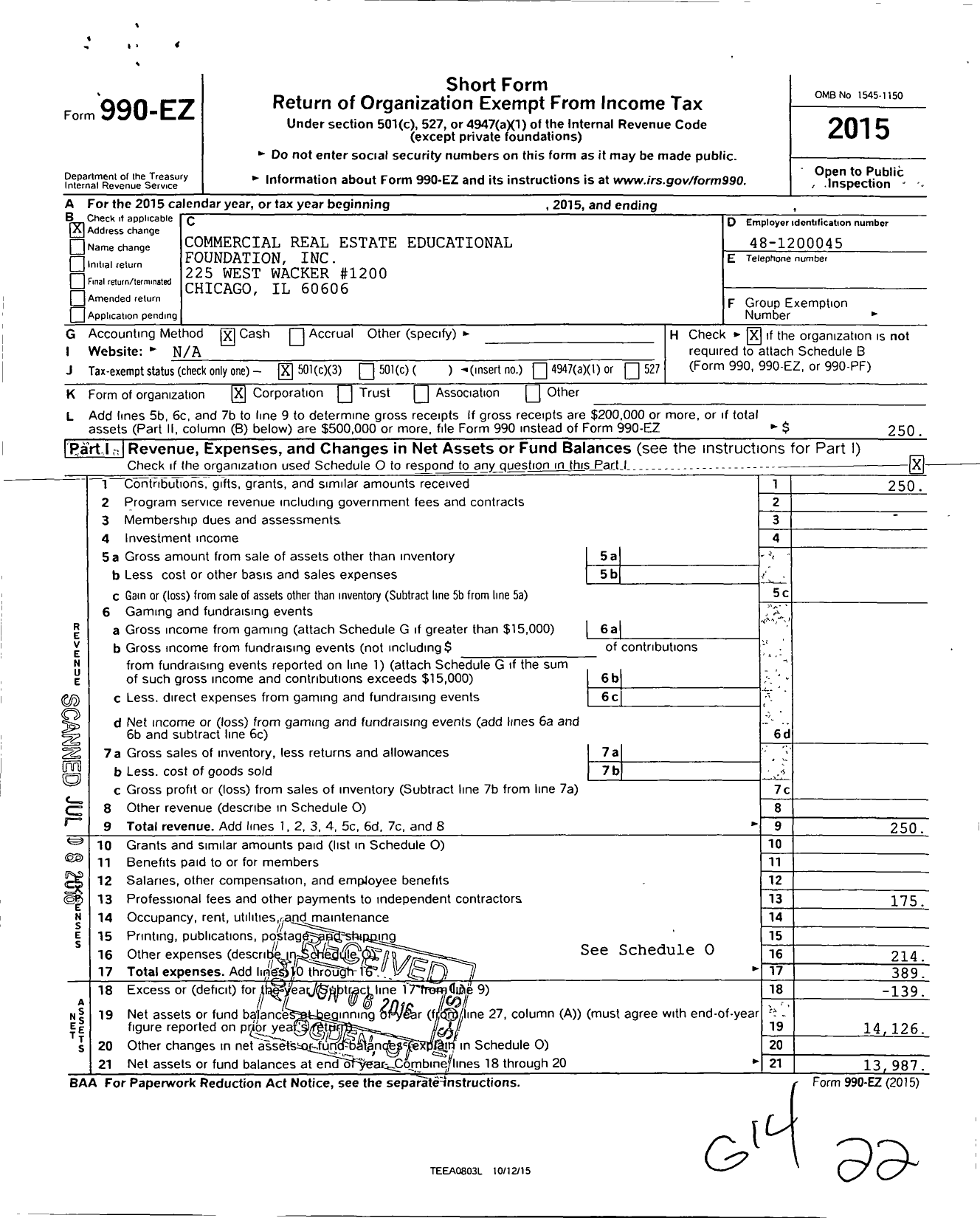 Image of first page of 2015 Form 990EZ for Commerical Real Estate Education Foundation