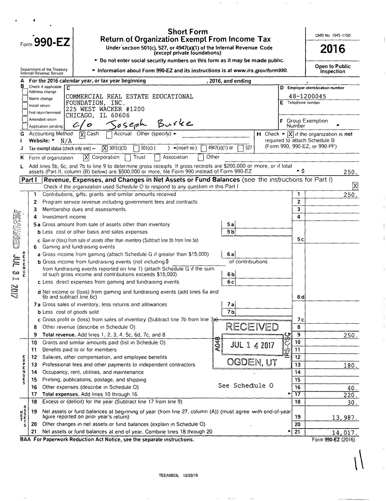 Image of first page of 2016 Form 990EZ for Commerical Real Estate Education Foundation