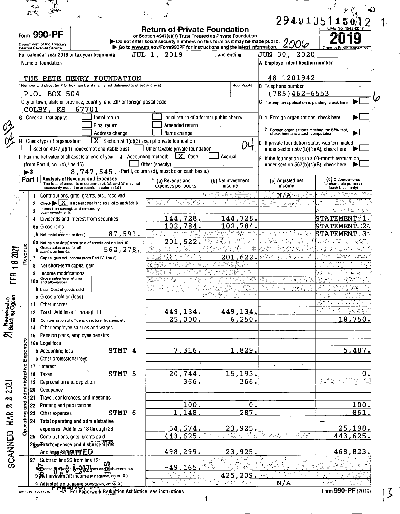 Image of first page of 2019 Form 990PF for The Pete Henry Foundation