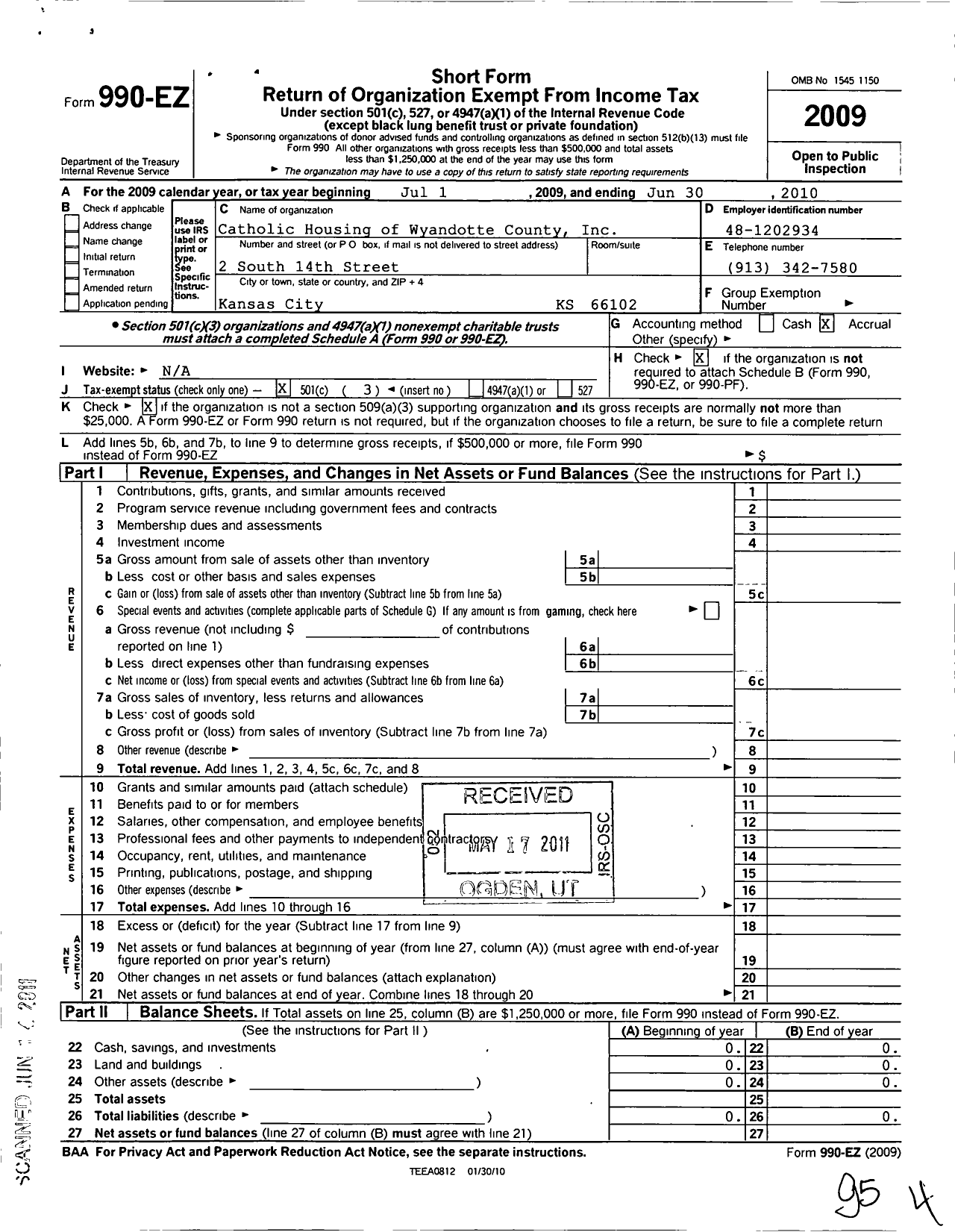 Image of first page of 2009 Form 990EZ for Catholic Housing of Wyandotte County