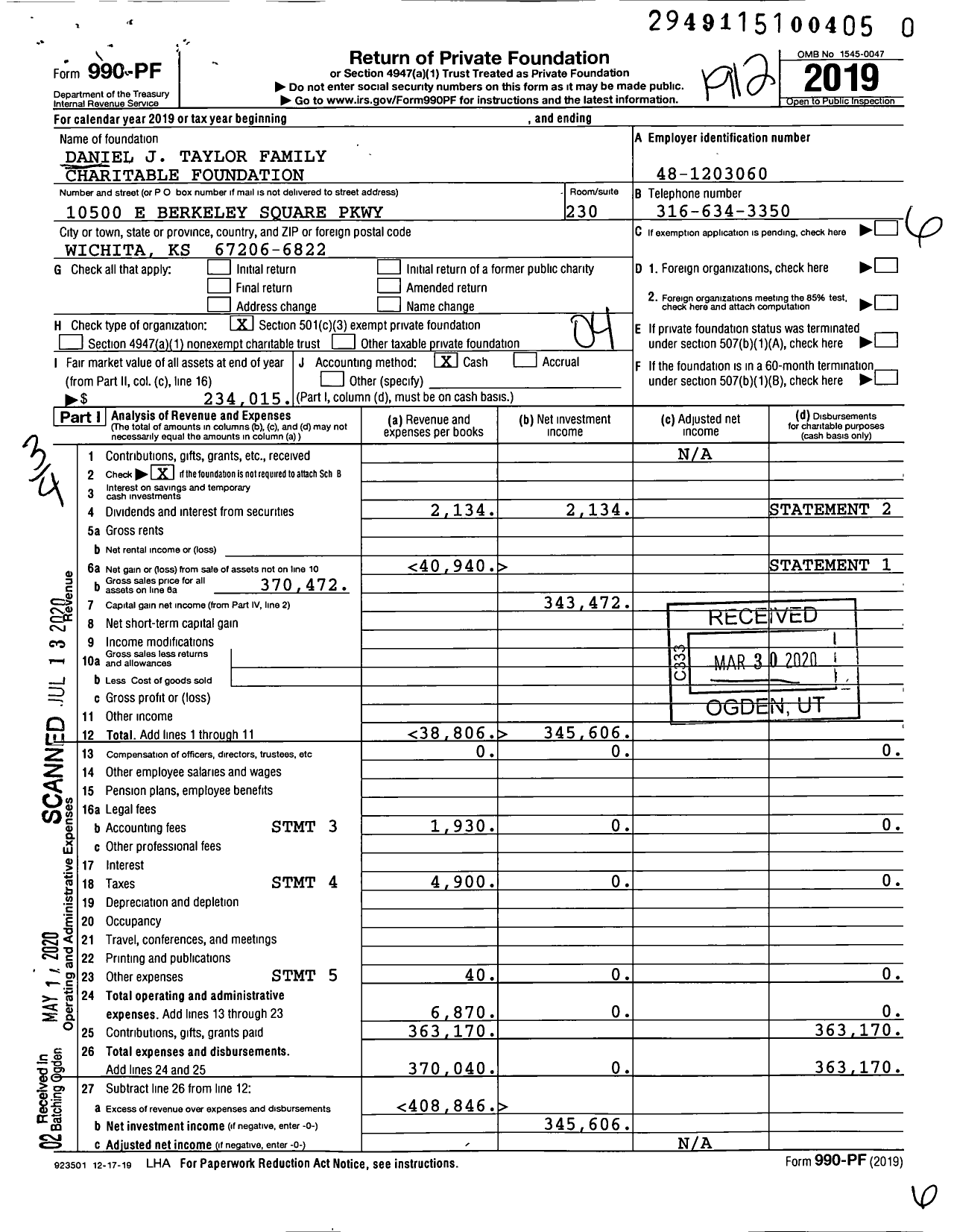 Image of first page of 2019 Form 990PR for Daniel J Taylor Family Charitable Foundation