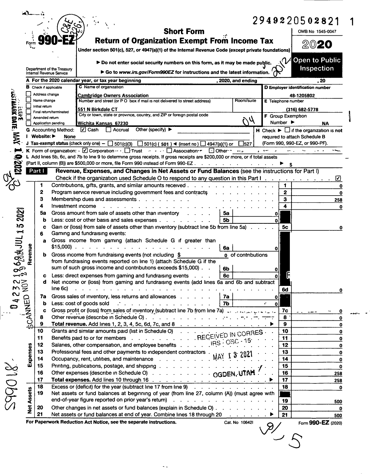 Image of first page of 2020 Form 990EO for Cambridge Owners Association