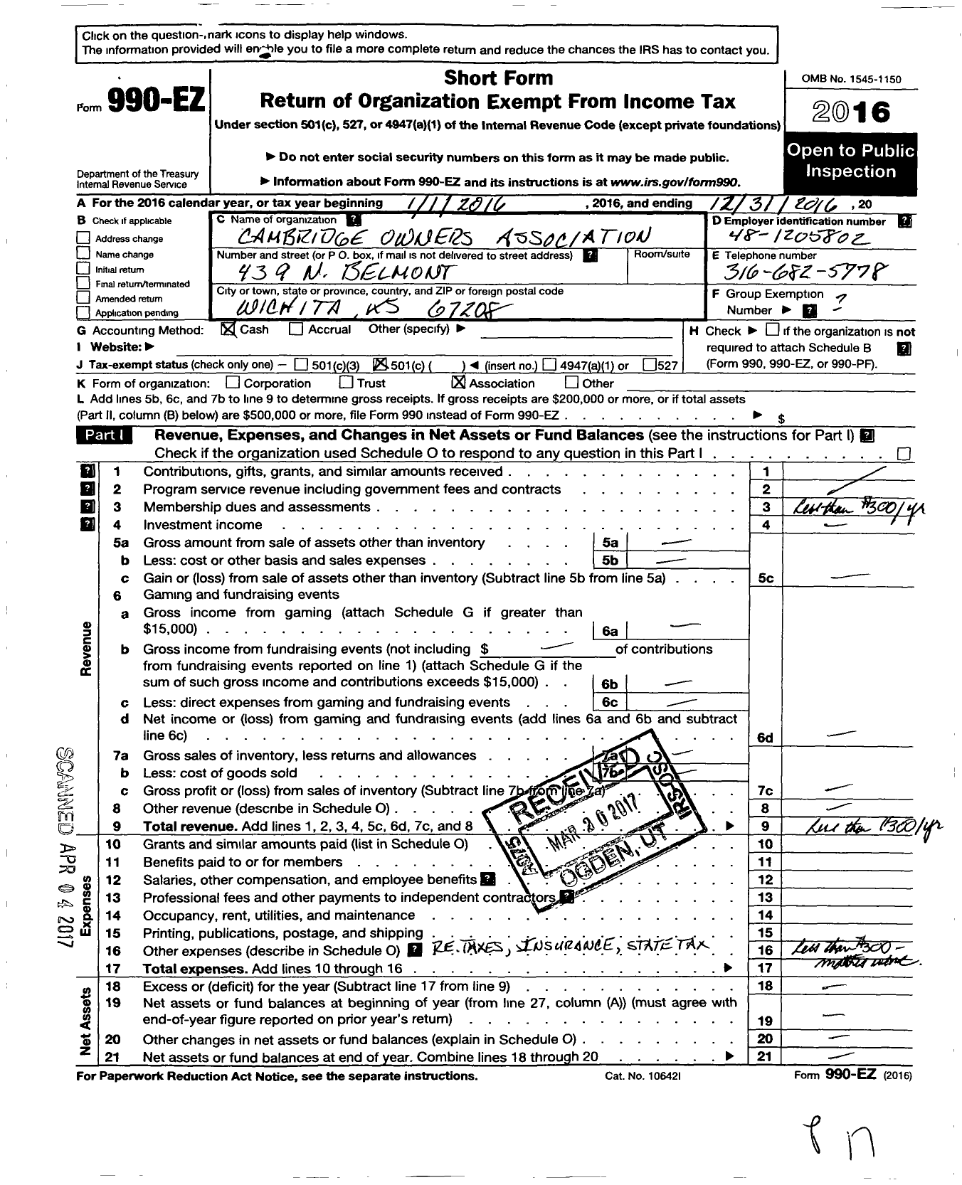 Image of first page of 2016 Form 990EO for Cambridge Owners Association