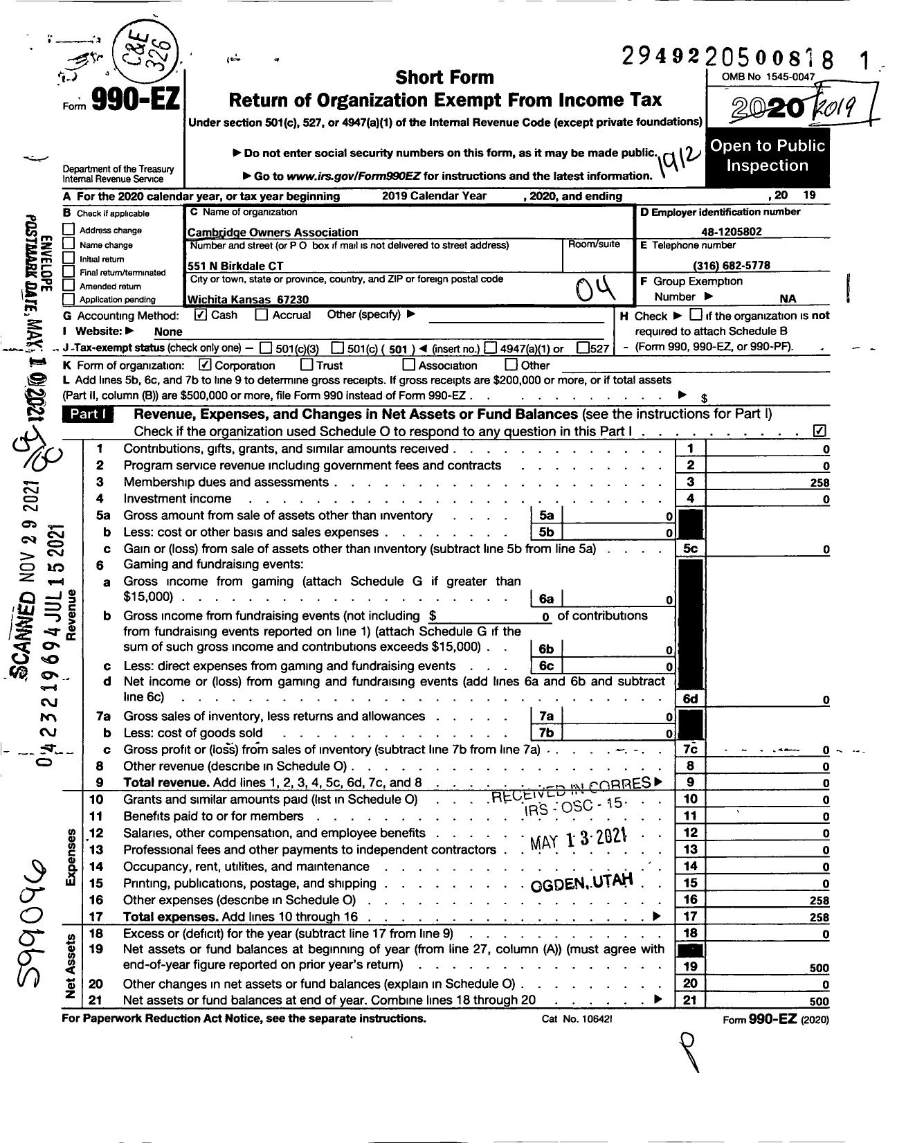 Image of first page of 2019 Form 990EO for Cambridge Owners Association