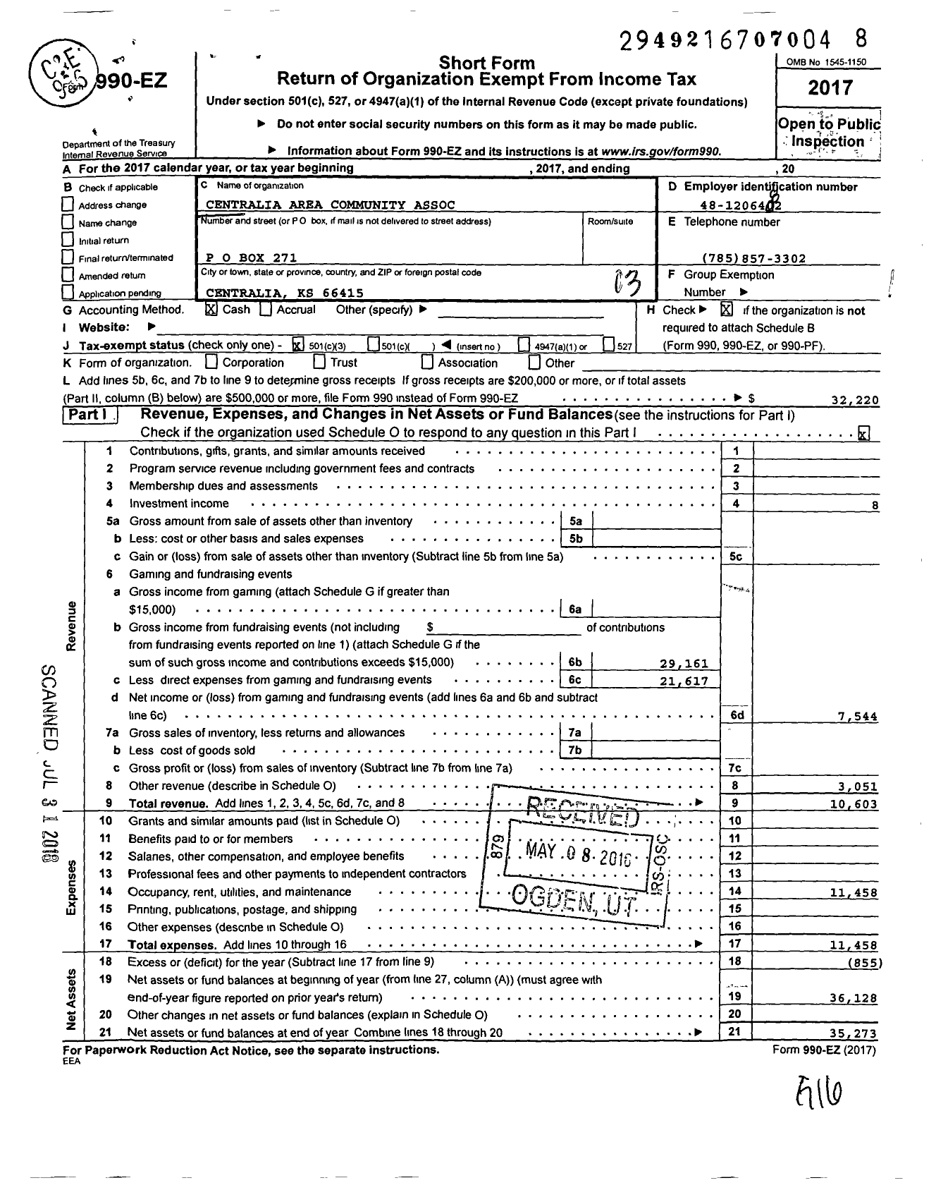 Image of first page of 2017 Form 990EZ for Centralia Area Community Association