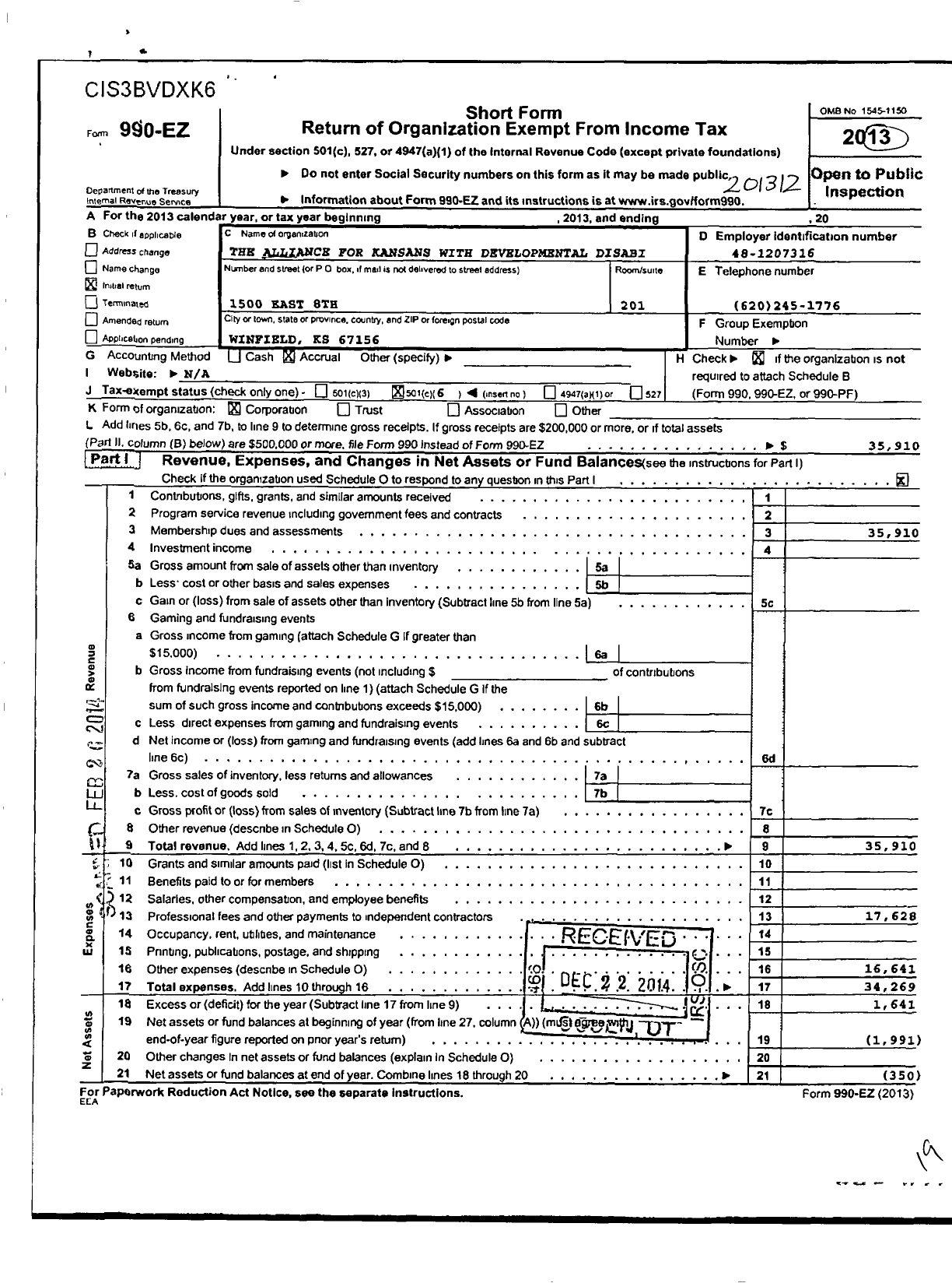 Image of first page of 2013 Form 990EO for The Alliance for Kansans with Developmental