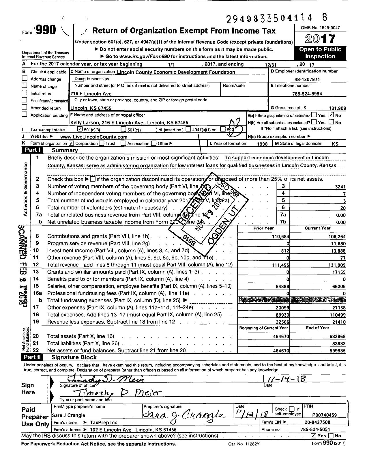 Image of first page of 2017 Form 990 for Lincoln County Economic Development Foundation