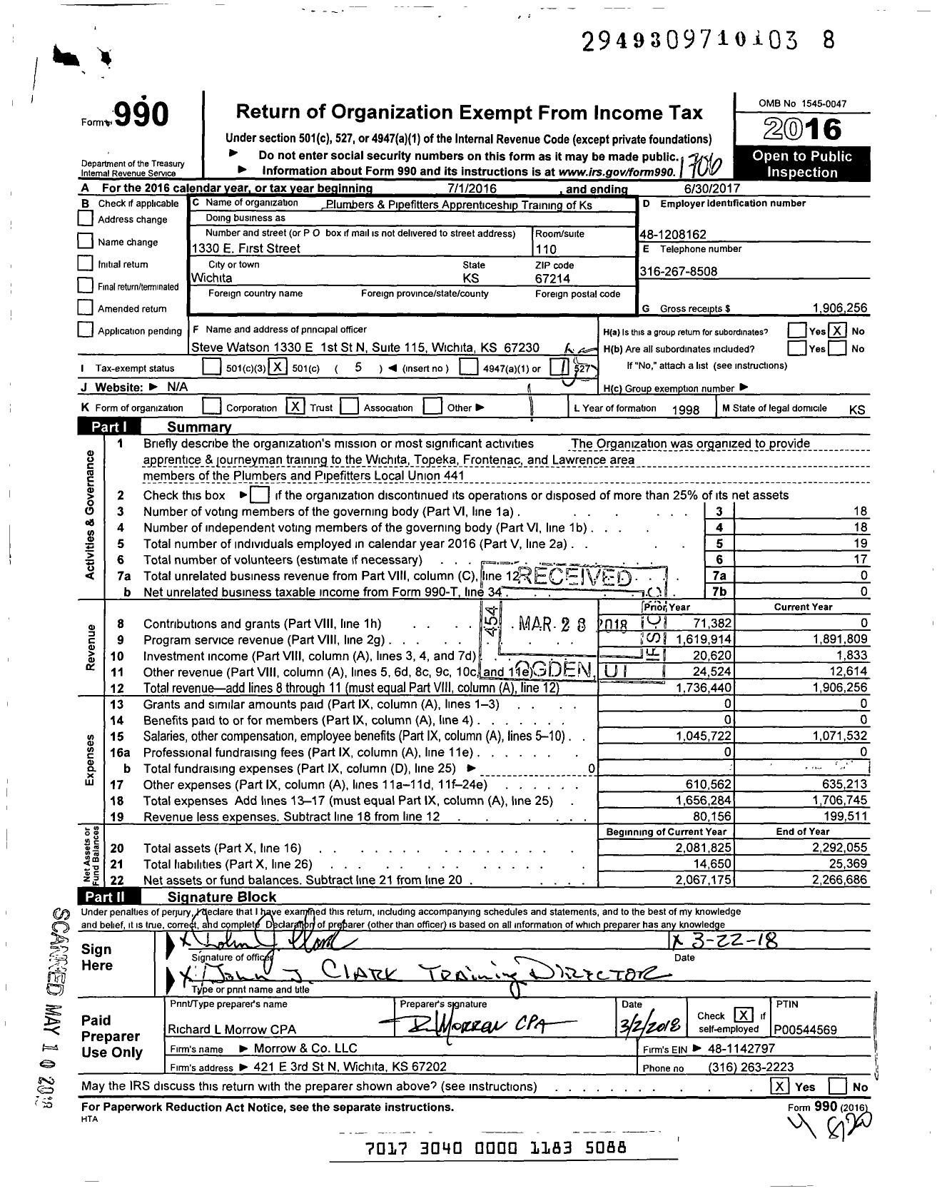 Image of first page of 2016 Form 990O for United Association - 441 Local Union Apprenticeship Ed F