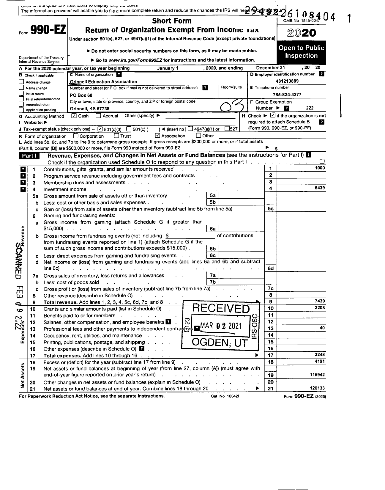 Image of first page of 2020 Form 990EZ for Grinnell Education Association