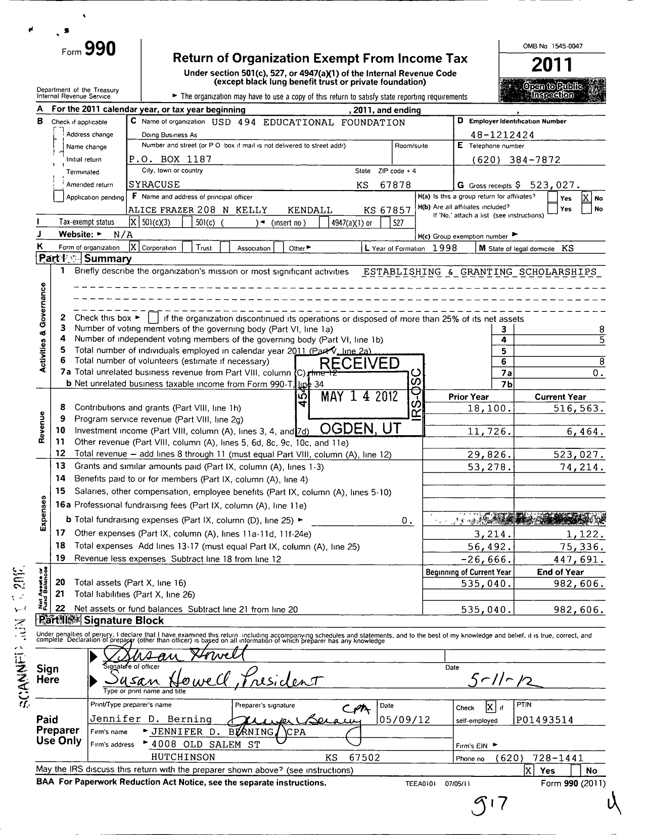 Image of first page of 2011 Form 990 for Usd 494 Educational Foundation