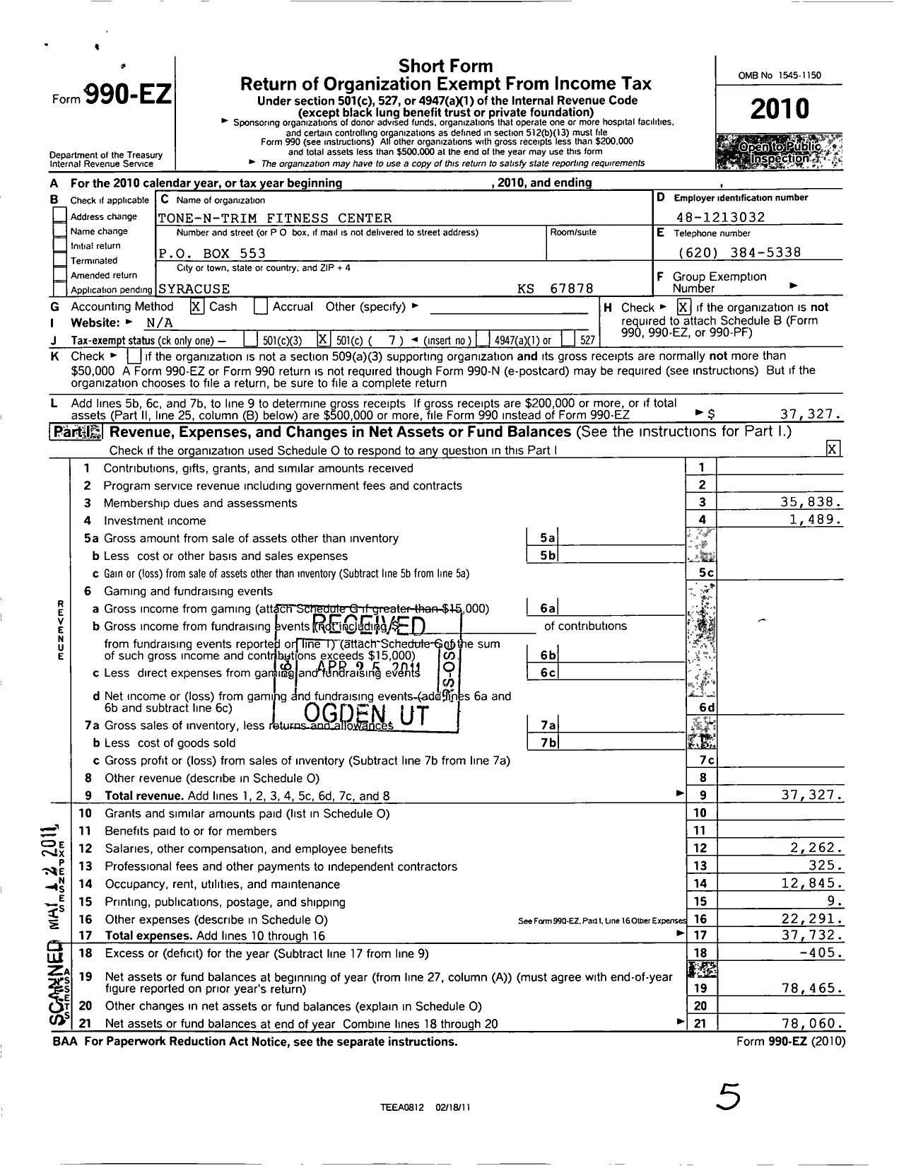 Image of first page of 2010 Form 990EO for Tone N Trim Fitness Center