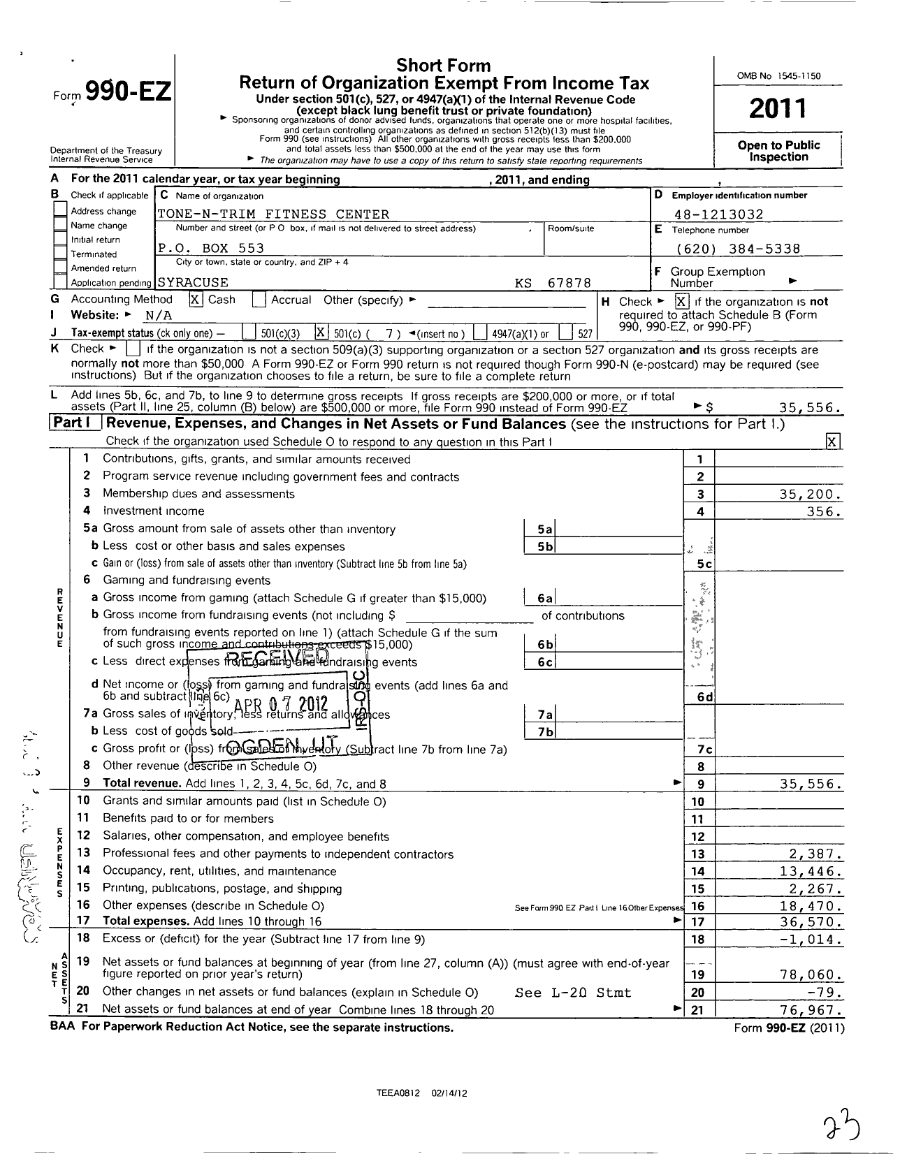 Image of first page of 2011 Form 990EO for Tone N Trim Fitness Center