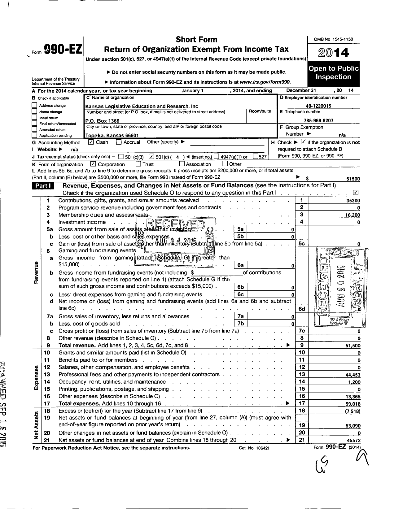 Image of first page of 2014 Form 990EO for Kansas Legislative Education and Research