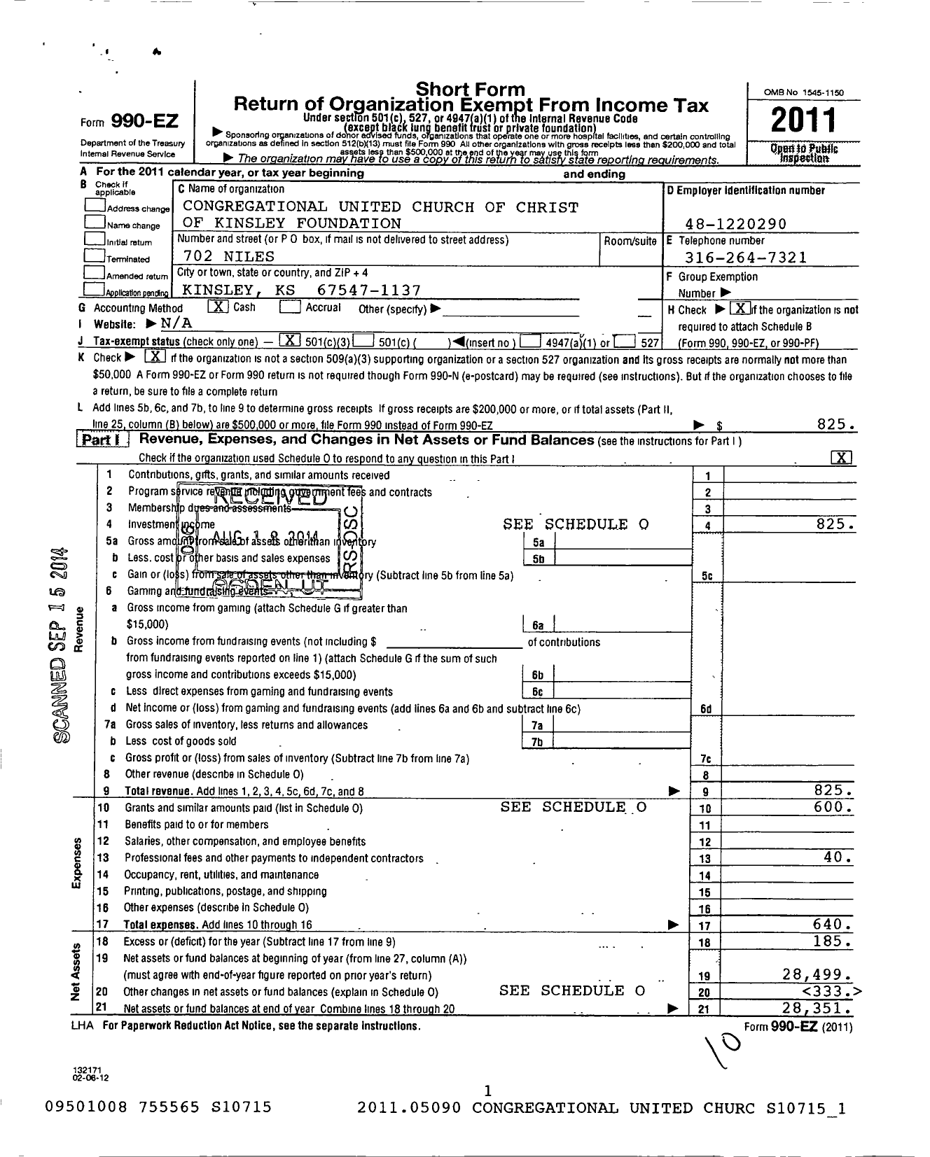 Image of first page of 2011 Form 990EZ for Congregational United Church of Christ of Kinsley Foundation