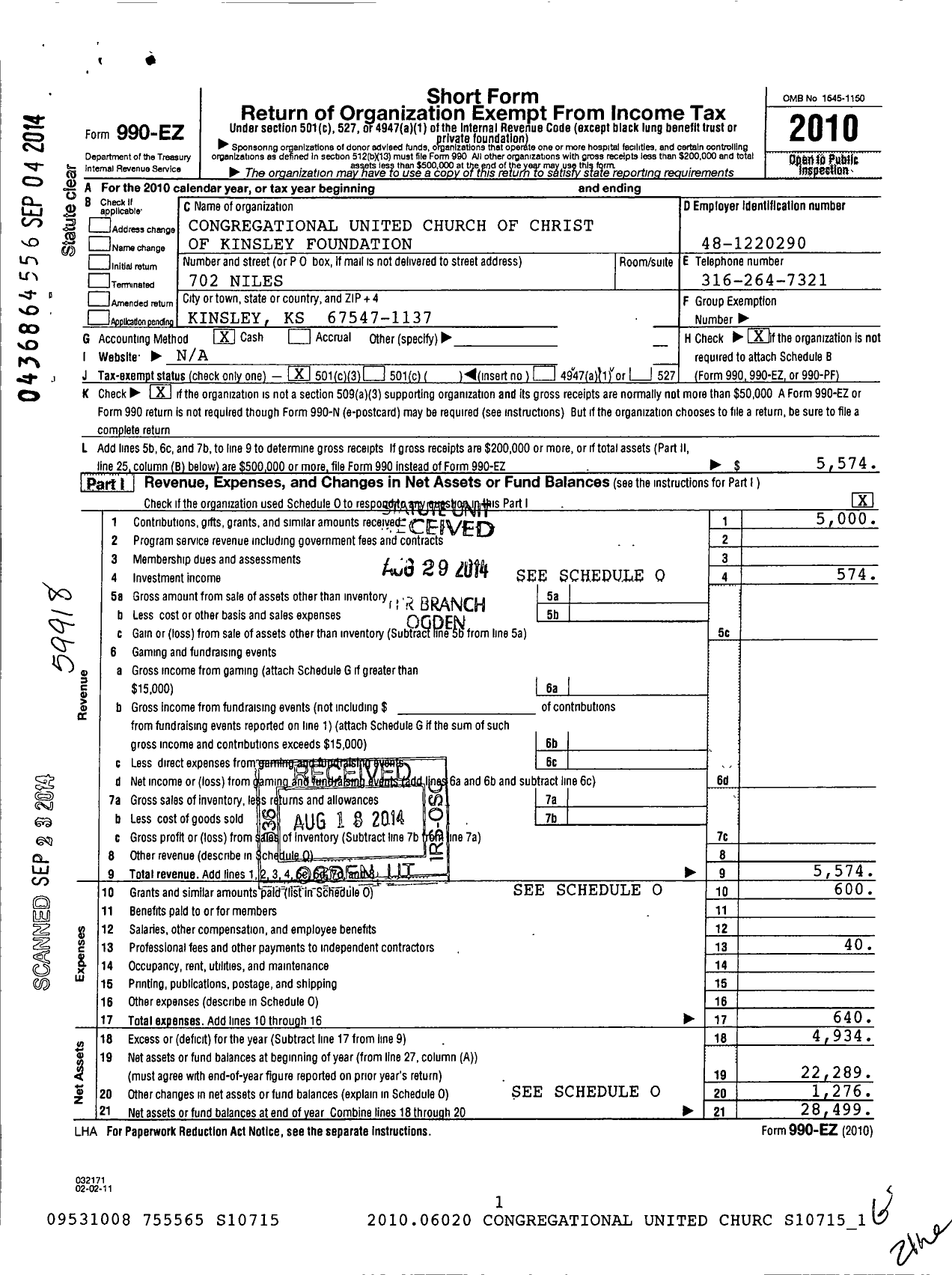 Image of first page of 2010 Form 990EZ for Congregational United Church of Christ of Kinsley Foundation