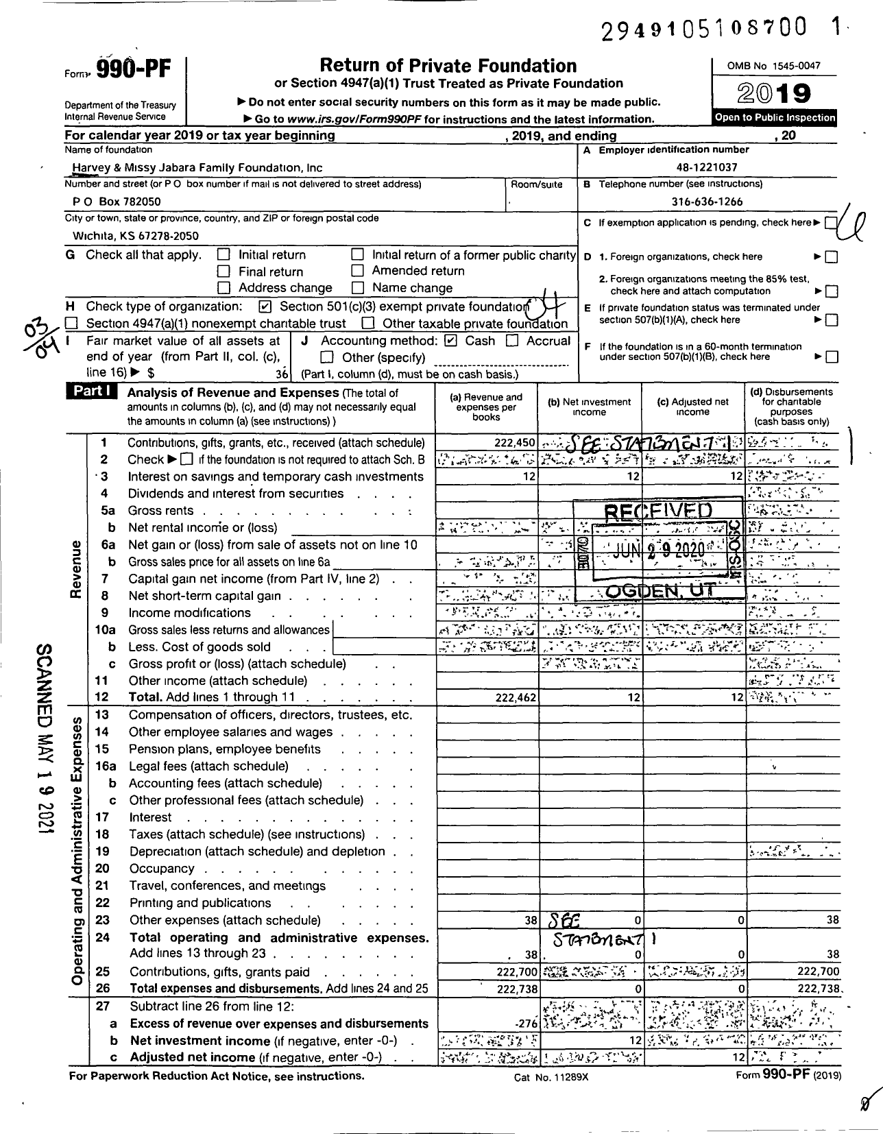 Image of first page of 2019 Form 990PF for Harvey and Missy Jabara Family Foundation