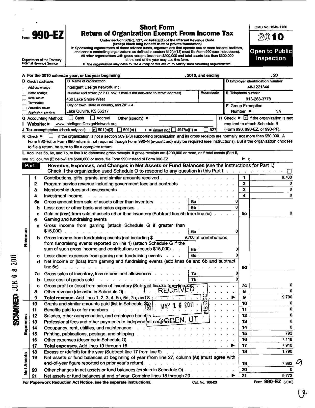 Image of first page of 2010 Form 990EZ for Intelligent Design Network
