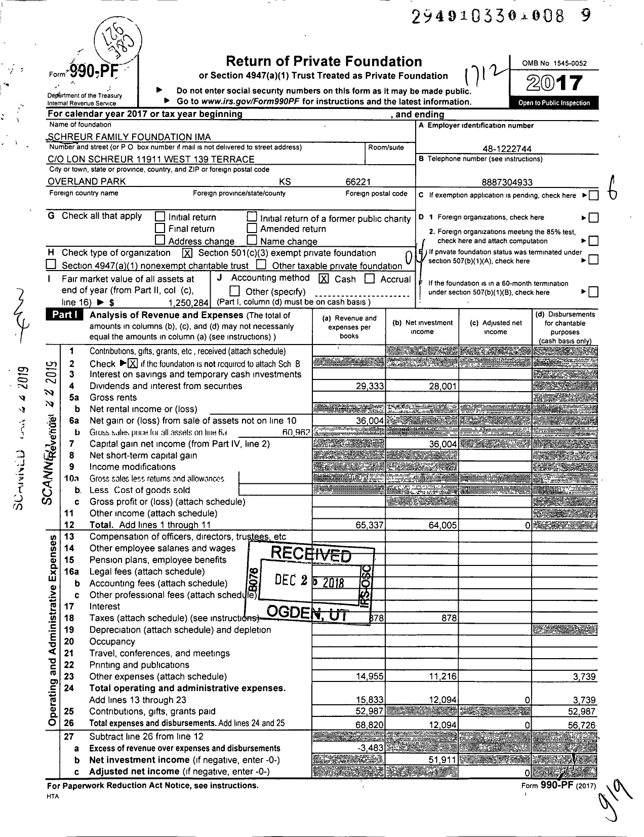 Image of first page of 2017 Form 990PF for Schreur Family Foundation