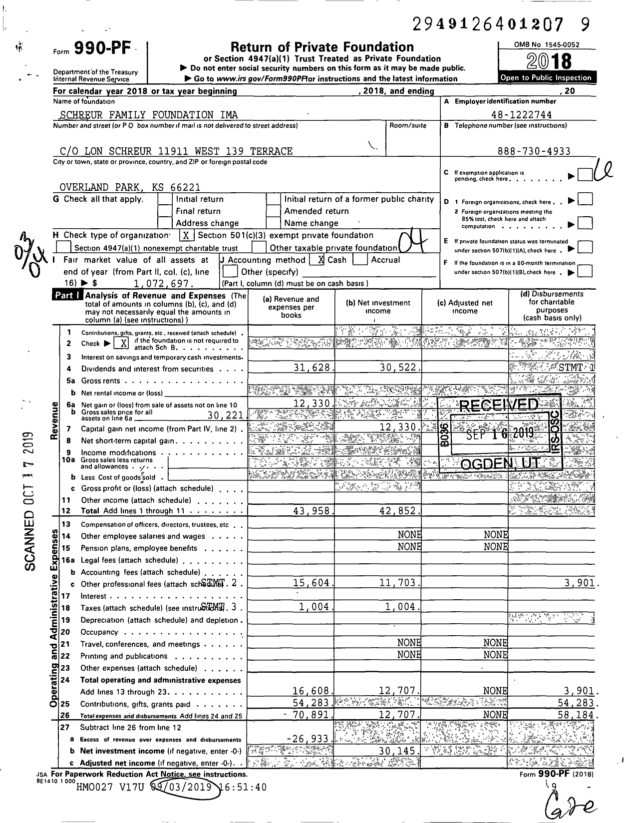 Image of first page of 2018 Form 990PF for Schreur Family Foundation