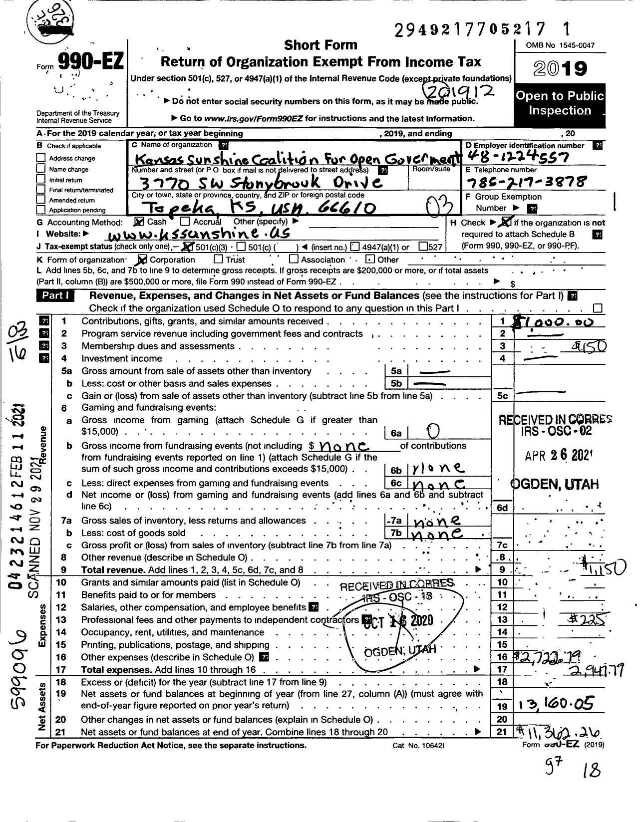 Image of first page of 2019 Form 990EZ for Kansas Coalition for Open