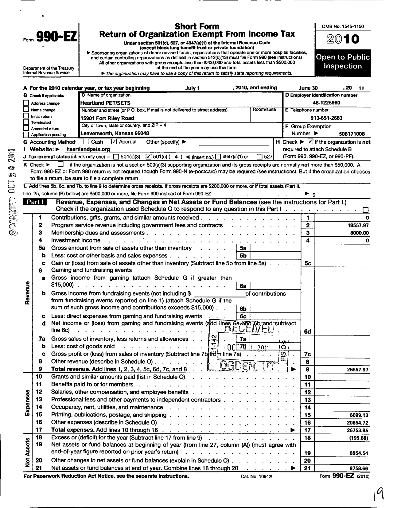 Image of first page of 2010 Form 990EO for Heartland Pets Sets