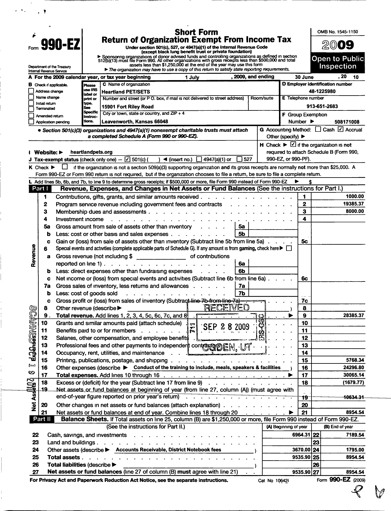 Image of first page of 2009 Form 990EO for Heartland Pets Sets