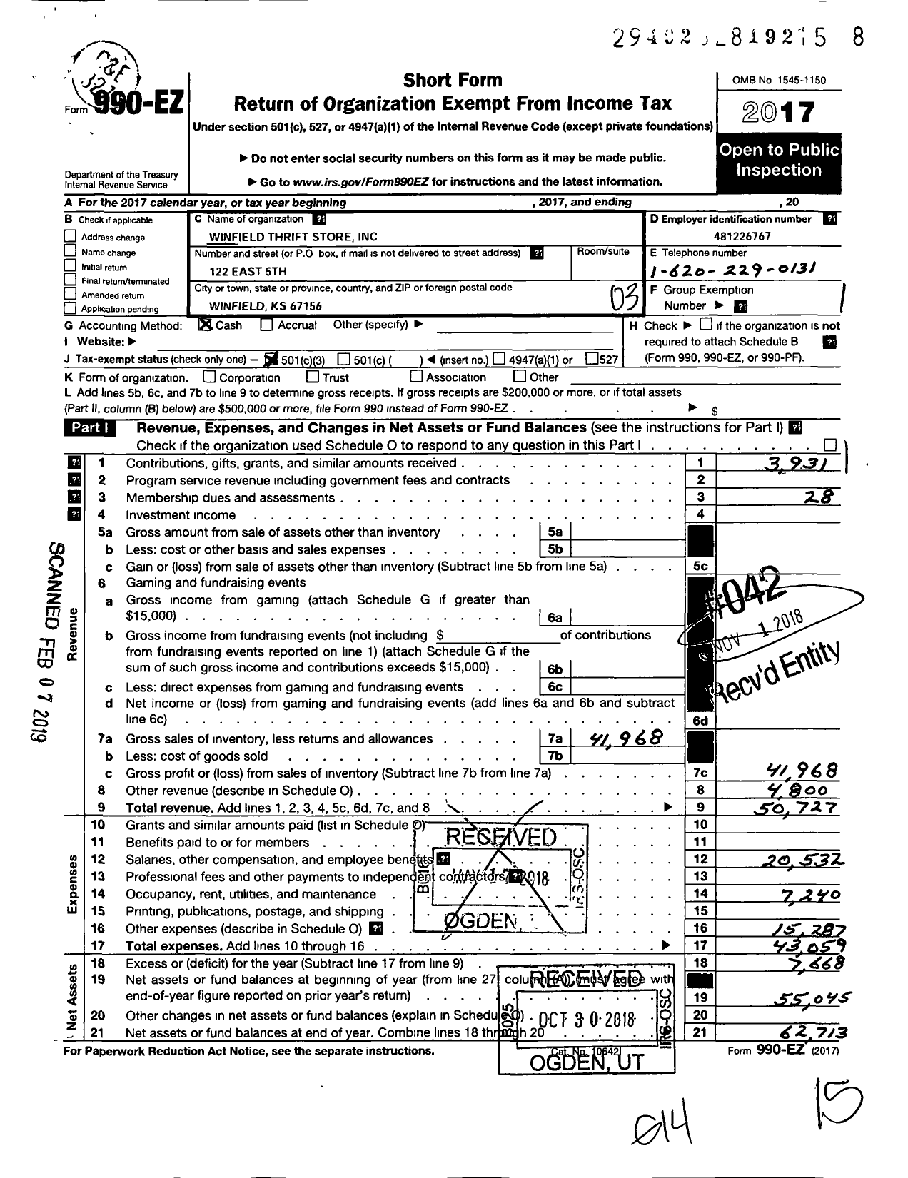 Image of first page of 2017 Form 990EZ for Winfield Thrift Store