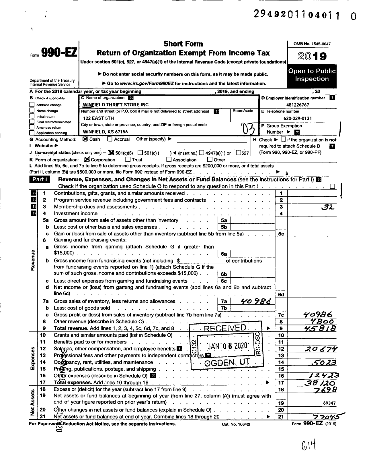 Image of first page of 2019 Form 990EZ for Winfield Thrift Store