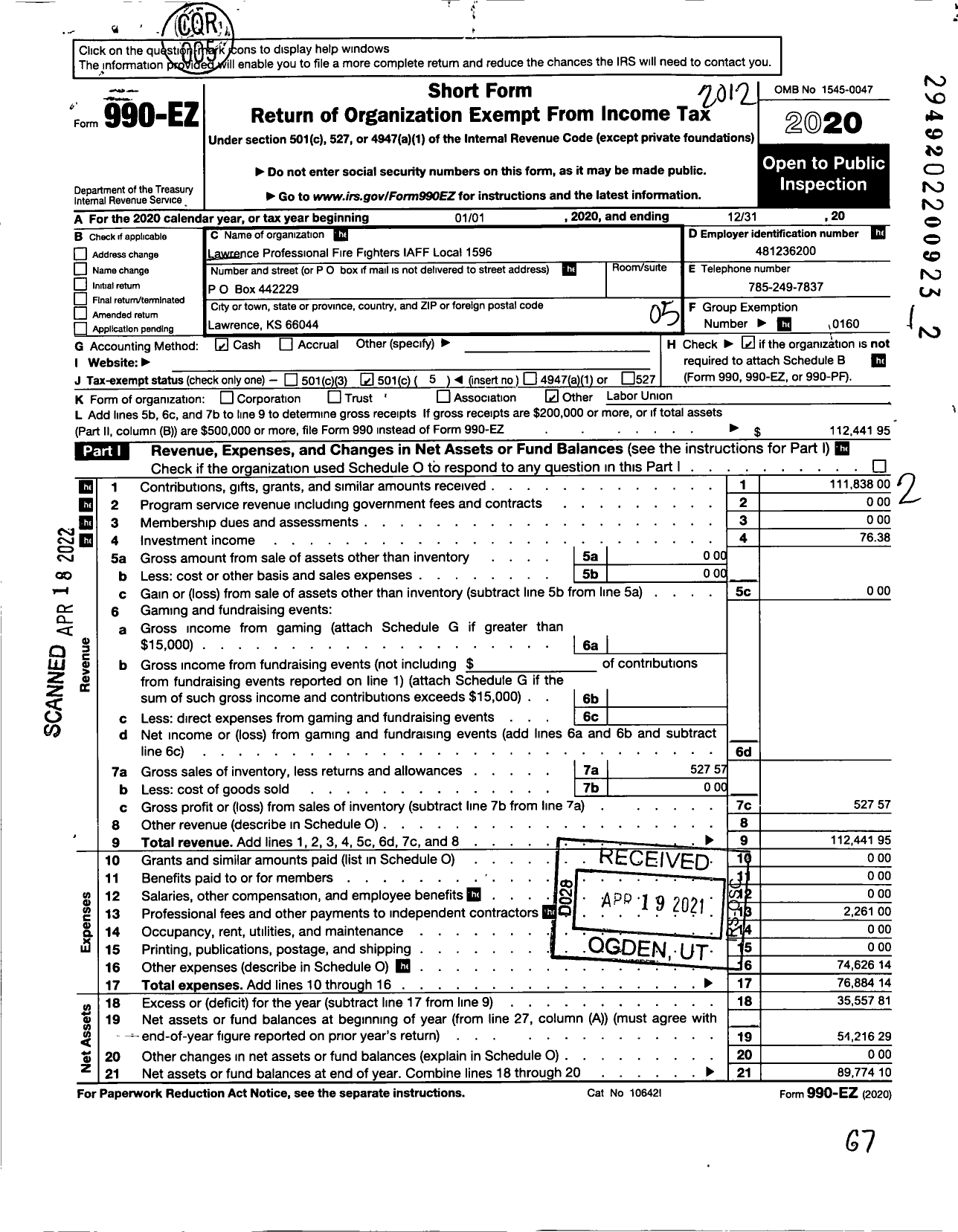 Image of first page of 2020 Form 990EO for International Association of Fire Fighters - 1596 Lawrence Professional Firefigh