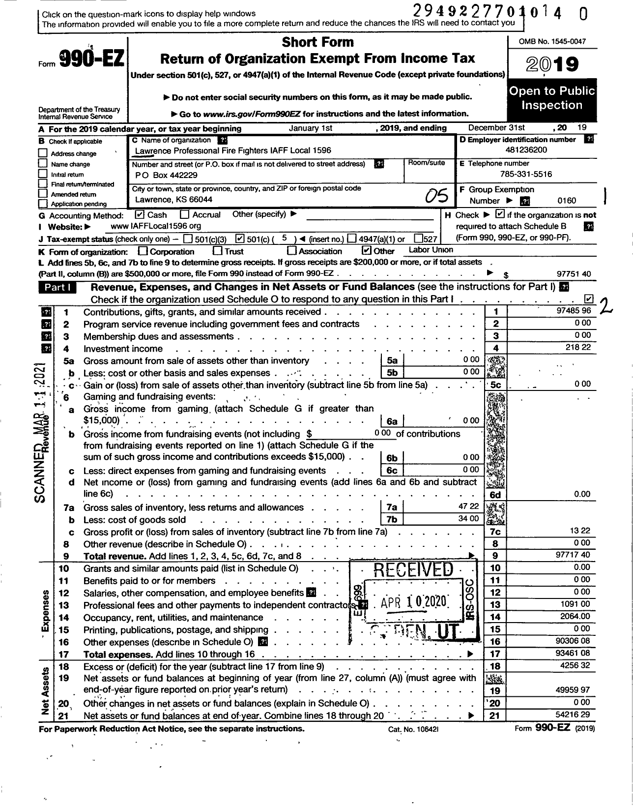 Image of first page of 2019 Form 990EO for International Association of Fire Fighters - 1596 Lawrence Professional Firefigh