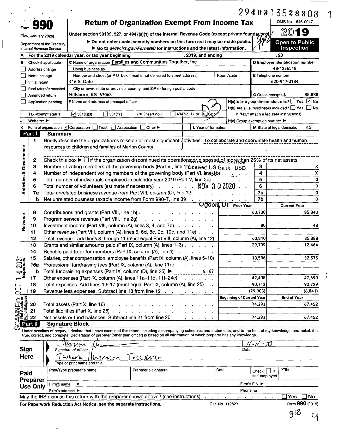 Image of first page of 2019 Form 990 for Families and Communities Together